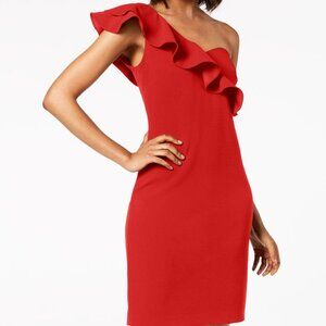 Eliza J Women’s One‑Shoulder Ruffle Neck Midi Dress Scuba Knit Cocktail size 14